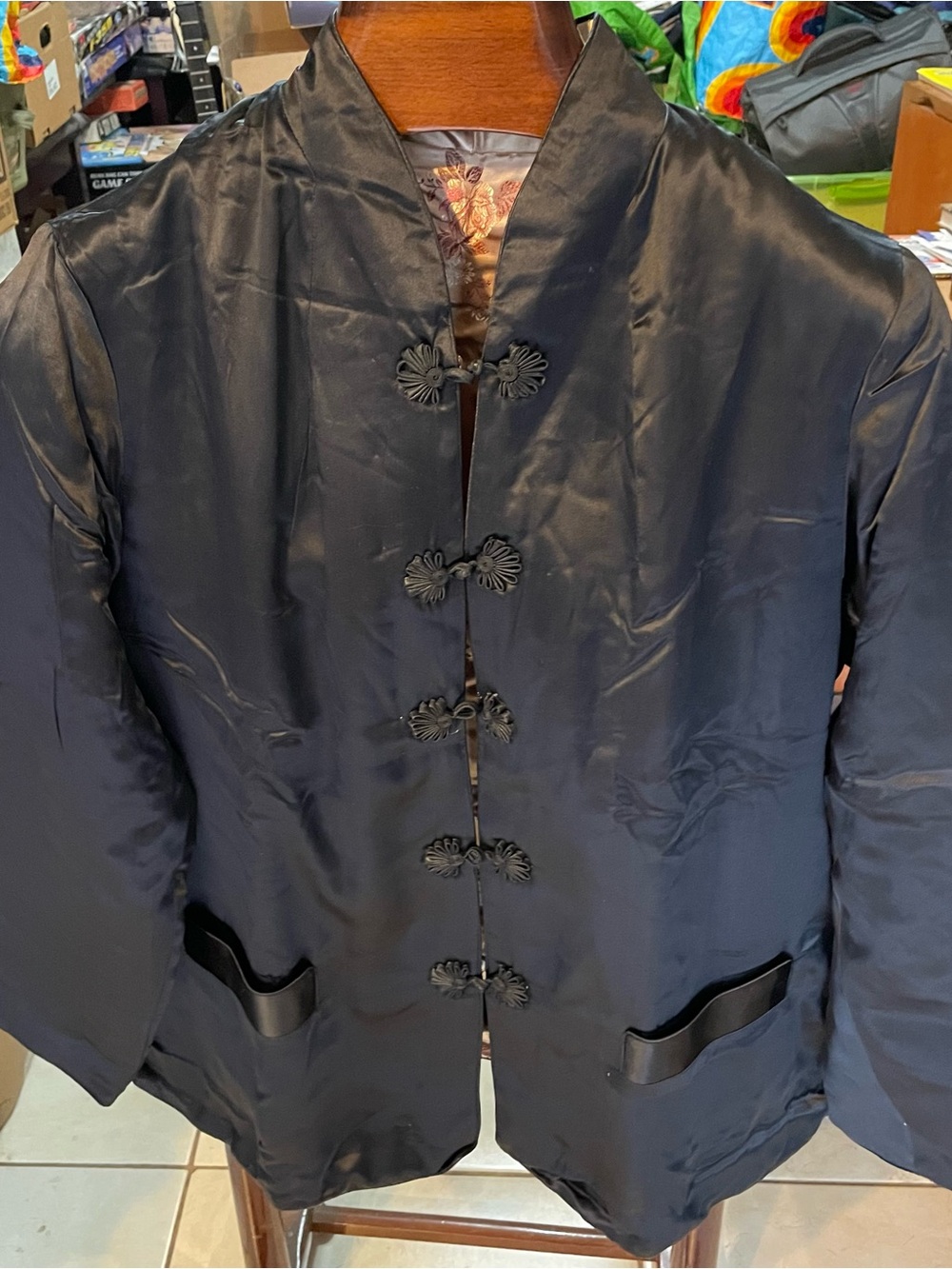 Black / Cream Reversible Mandarin Collar Jacket with Frog Closures XL